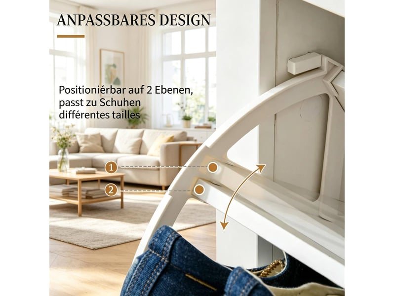  Meuble à chaussures avec 2 abattants, séparateurs réglables et plateau pour entrée, finition chêne et blanc, 72 × 26 × 80 cm  - Conforama E