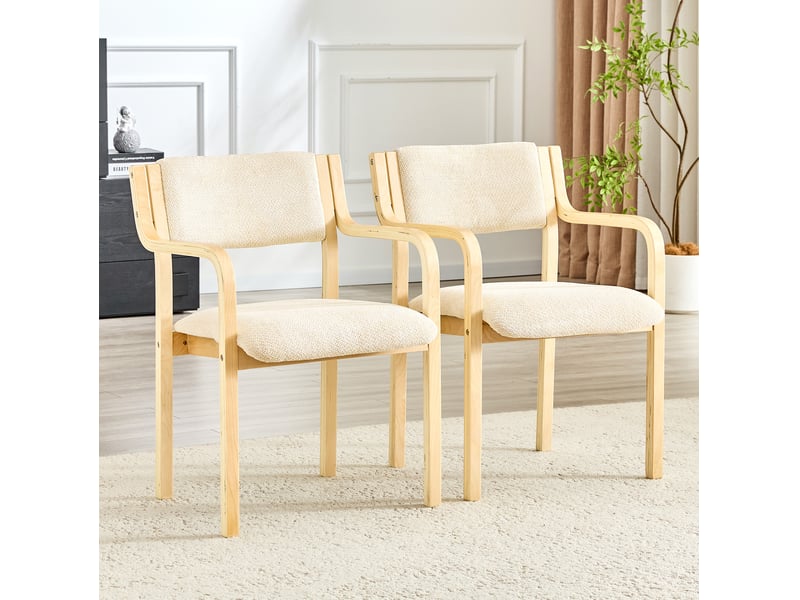  Lot de 2 chaises de salle à manger 53 cm, chaise cuisine scandinave, chaise nordique, tissu blanc, en bois, dossier courbé  - Conforama B