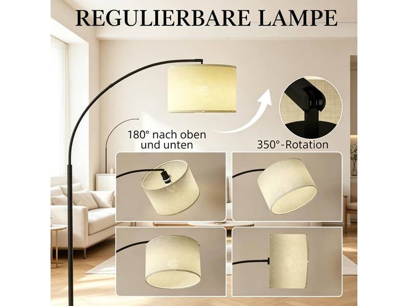  Lampadaire arqué 104,2x32x180,6 cm noir et crème en métal et tissu, télécommande et réglage 2700k-6500k  - Conforama E