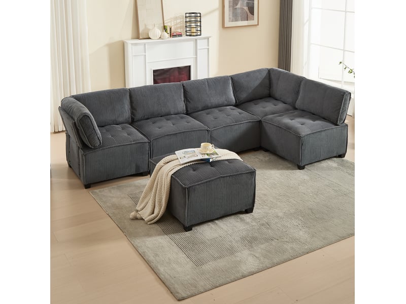  Canapé d'angle modulable 6 places en velours côtelé gris, convertible en couchage, avec poches latérales  - Conforama B