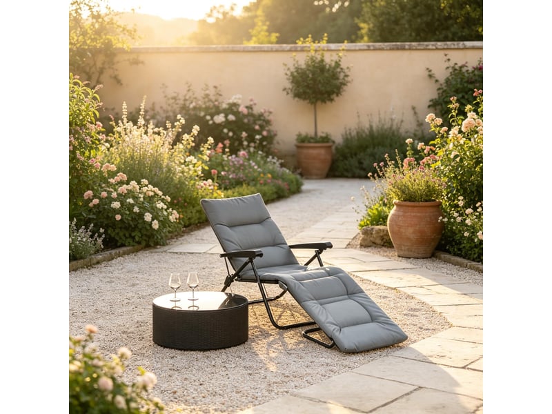  Fauteuil relax pliant multiposition 153 x 58,5 x 89 cm - matelas rembourré épais - dossier inclinable 6 positions - structure acier époxy - gris  - Conforama D