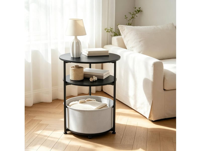  Table d’appoint ronde avec 2 étagères, panier en tissu amovible et pieds réglables pour salon ou chambre, noire  - Conforama E