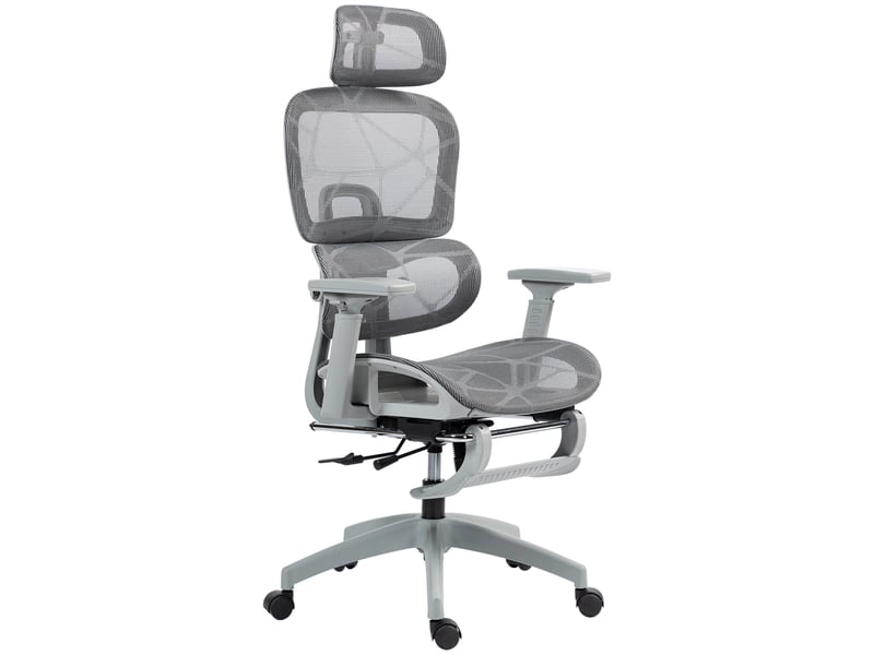  Chaise de bureau ergonomique avec revêtement en tissu mesh, réglable, mobile, avec accoudoirs et appui-tête, grise  - Conforama B
