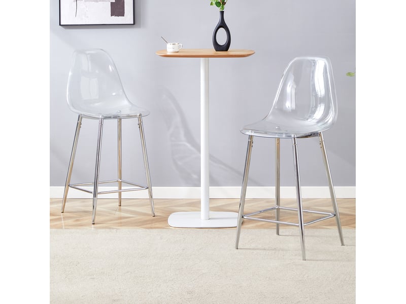  Tabouret de bar lot de 2 avec coque transparente, repose-pieds et piètement métallique en plastique argenté  - Conforama D