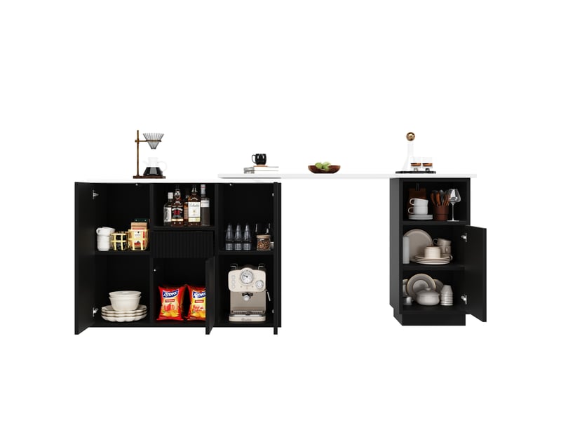  Meuble bar pivotant avec rangements ouverts et fermés, plateau effet marbre, pour cuisine et salon, en mdf noir  - Conforama A