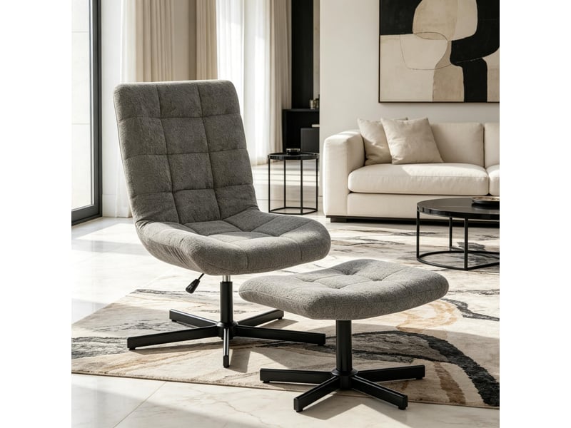 Fauteuil relax gris avec repose-pieds, pivotant à 360 degrés, dossier inclinable et hauteur réglable pour salon - Conforama A