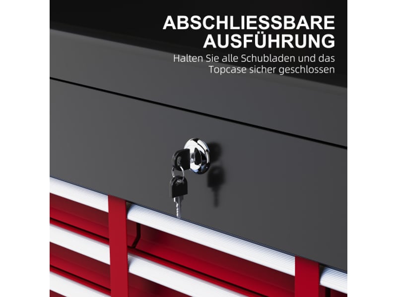  Caisse à outils en acier rouge et noir 60 × 26 × 34 cm, 6 tiroirs, serrure et poignée, rangement sécurisé  - Conforama E