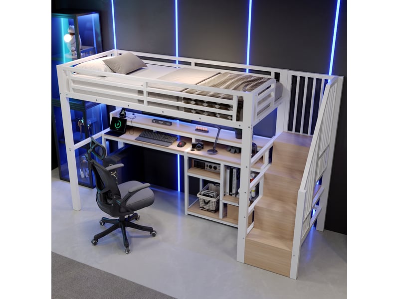  Lit mezzanine 90x200 cm, usb + type-c, avec éclairage led, garde-corps, avec bureau, espaces de rangement, métal mdf blanc sans matelas  - Conforama D