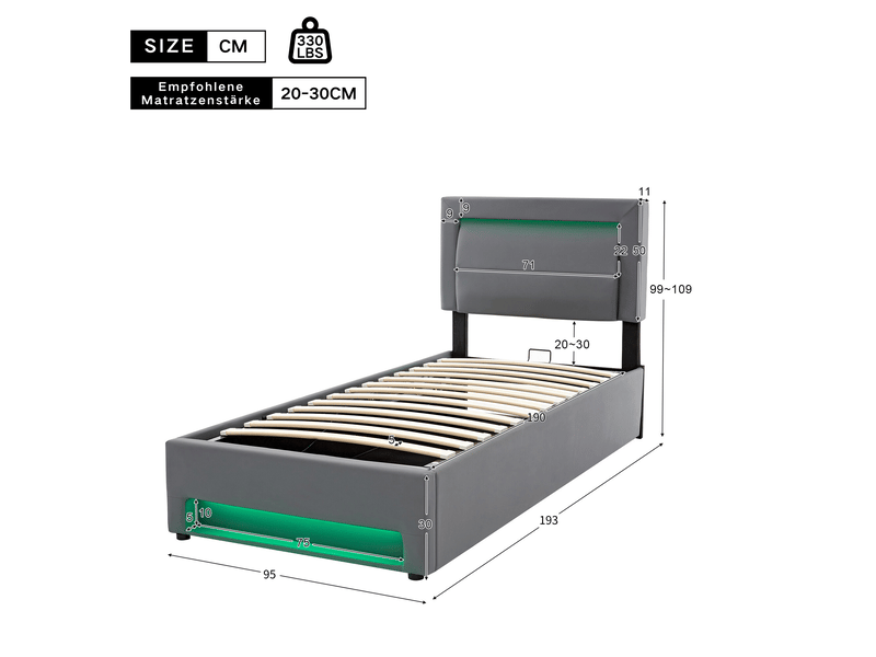  Lit enfant 90x190 cm - lit avec rangement - led multicolore et usb - sommier inclus - pu - gris  - Conforama C