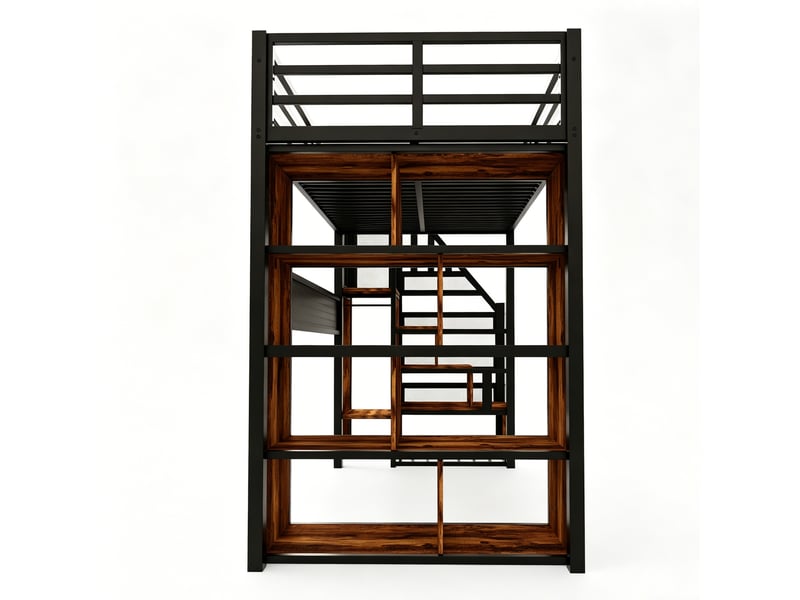 Lit mezzanine métal noir 90x200 cm, bureau, armoire, rangements, prises, panneau perforé et led - Conforama D