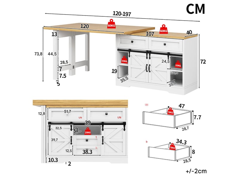  Îlot de cuisine avec table pivotante extensible en mdf blanc et chêne 120-197x40x72 cm N620ZG260616W - Conforama C