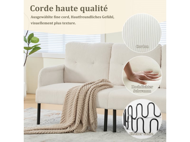  Canapé droit 3 places en velours côtelé beige 171 x 72 x 80 cm, avec poches latérales et dossier haut, salon chambre bureau 171x72x80cm - Conforama E