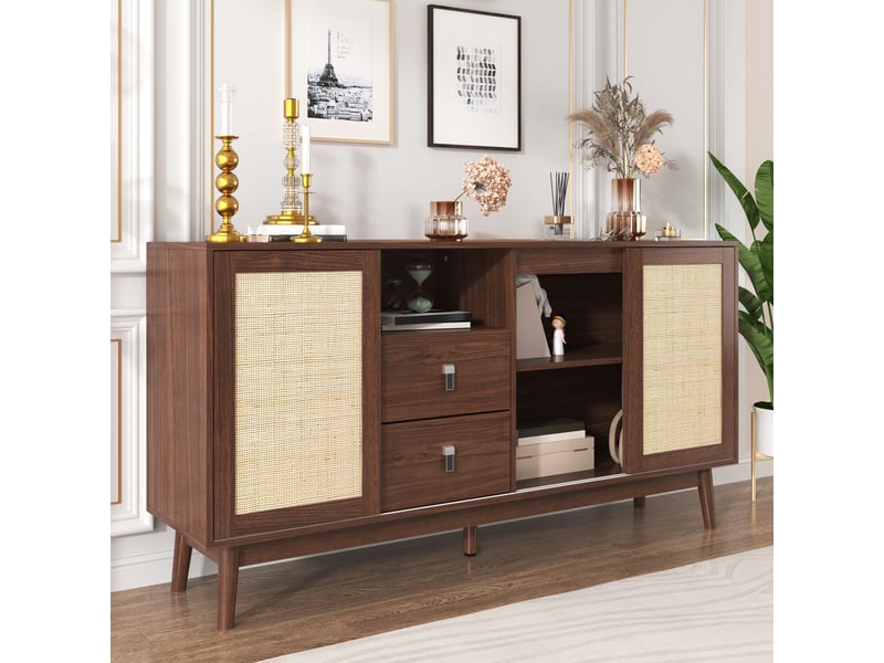  Buffet enfilade 155x38x80cm gain de place portes coulissantes en rotin | design bohème rangement salon mdf charge 50kg - bois foncé  - Conforama C