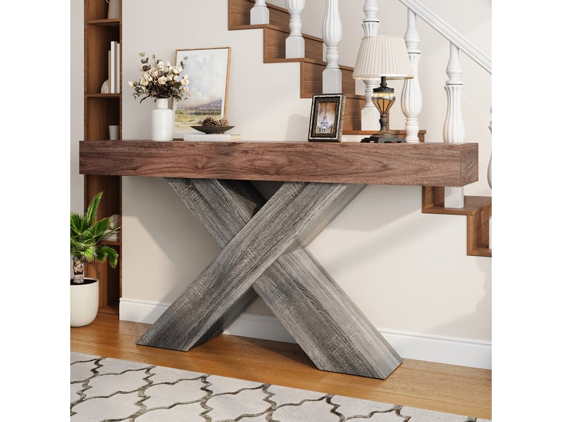  Console étroite rayofi à pieds en x, aspect bois, panneaux de particules, 140x30x80 cm, capacité 36 kg.  - Conforama R
