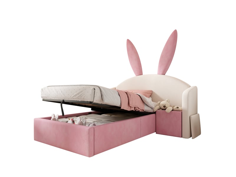  Lit enfant 90x200 cm rangement hydraulique table de chevet en velours beige et rose  - Conforama A