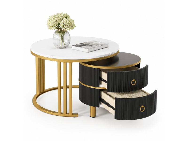 Lot de 2 tables basses rondes gigognes avec 2 tiroirs en mdf, noir et doré - Conforama A