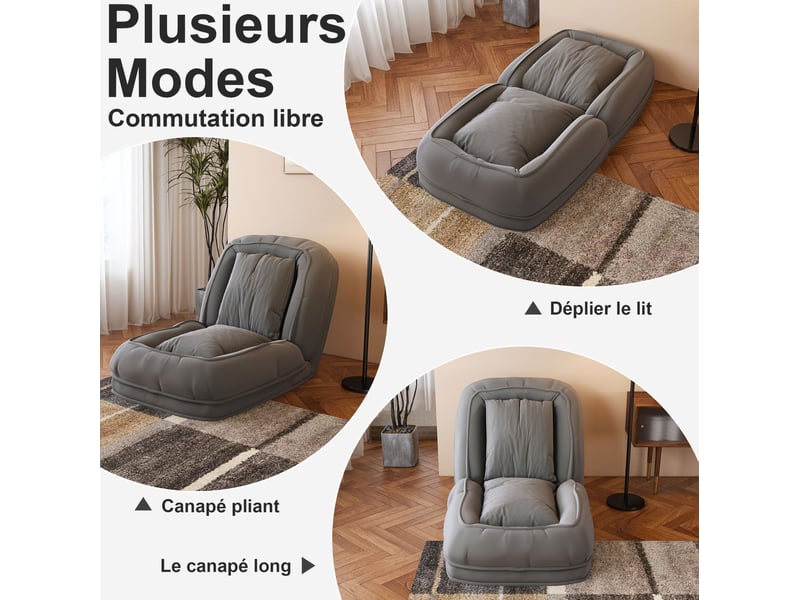  Canapé-lit pliable convertible 80x22x87 cm, avec 5 positions réglables, ergonomique, structure en métal, couleur gris  - Conforama D