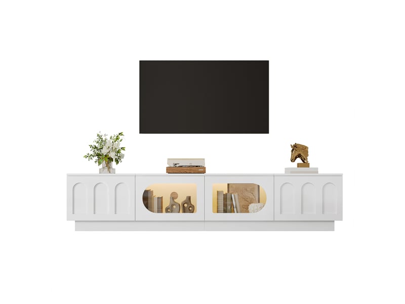  Meuble tv 200 x 40 x 42 cm blanc mdf avec portes vitrées et led via application pour salon  - Conforama A