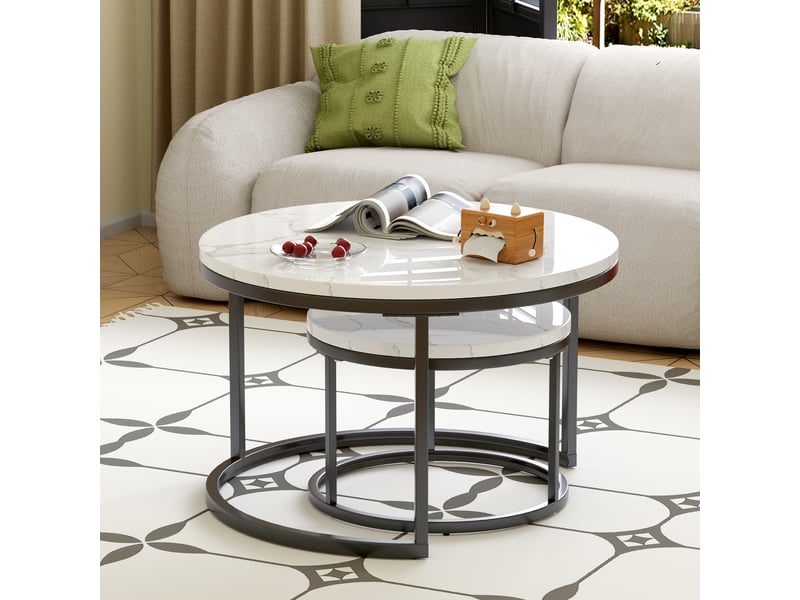  Table basse gigogne ronde 2 pièces effet marbre blanc et noir mdf métal cravdom  - Conforama C