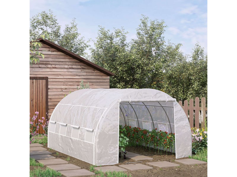  Serre tunnel de jardin 4 x 3 x 2 m avec porte et 8 fenêtres enroulables pour la culture de plantes, blanche  - Conforama D