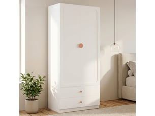 Armoire penderie 2 portes battantes, longueur 200 cm, 1 tringle, 2 tiroirs, étagère haute, poignées en bois massif, finition blanche, format compact