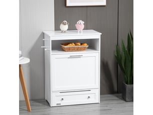 Meuble de repas 61 x 35,5 x 82 cm – blanc – 2 bols en inox, rangement coulissant