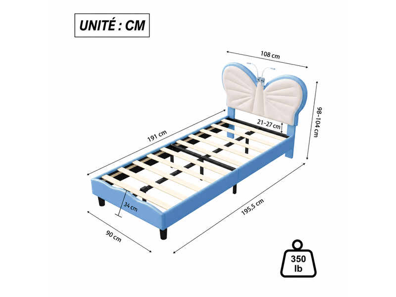  Lit enfant 90x190 avec liseuse, lits 1 personne avec tête de lits réglable en hauteur en forme de papillon, lit capitonné pour fille adolescent, velours, sans matelas (blanc + bleu)  - Conforama C