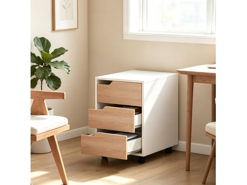  Caisson de bureau mobile 40 x 50 x 57,5 cm blanc et chêne, 3 tiroirs, roulettes avec freins pour documents  - Conforama B