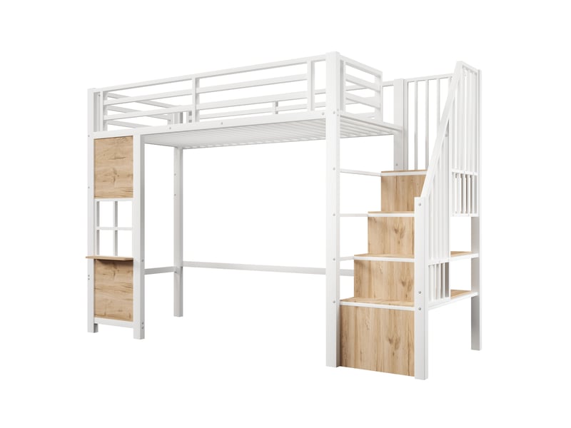 Lit mezzanine métal blanc 90×200 cm avec échelle rangement et garde-corps - Conforama E