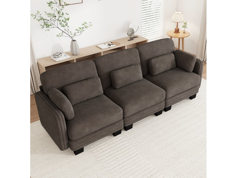  Canapé droit modulable 3 places 253x88x88 cm, coussins de soutien et accoudoirs, chenille, marron  - Conforama D