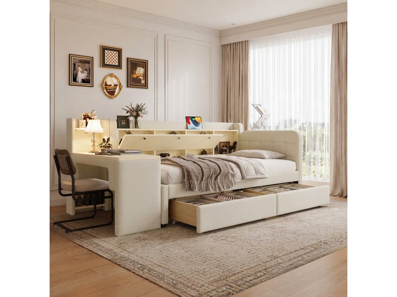  Lit simple 90x200 cm avec 2 tiroirs, bureau et ports usb et usb type c en lin beige  - Conforama B