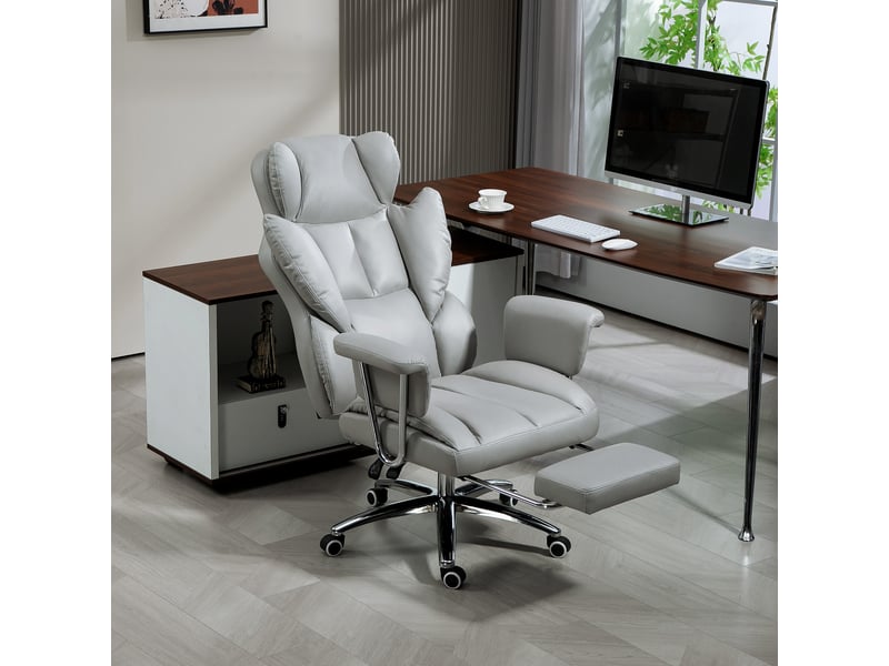  Chaise de bureau ergonomique, rembourrée, avec repose-pieds, dossier réglable, pivotante à 360°, gris clair  - Conforama C