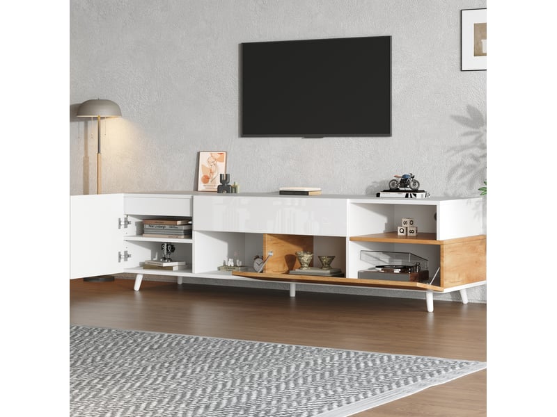  Meuble tv tcqpz 180 x 38 x 50 cm blanc et bois naturel avec tiroir, rangements multiples, pour tv jusqu'à 75 pouces  - Conforama D