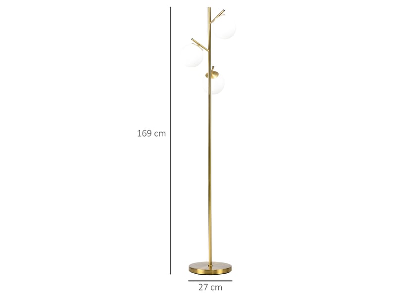  Lampadaire sur pied salon en métal avec 3 abat-jours globe blanc verre dépoli 40w ø 27 x 169h cm doré  - Conforama E
