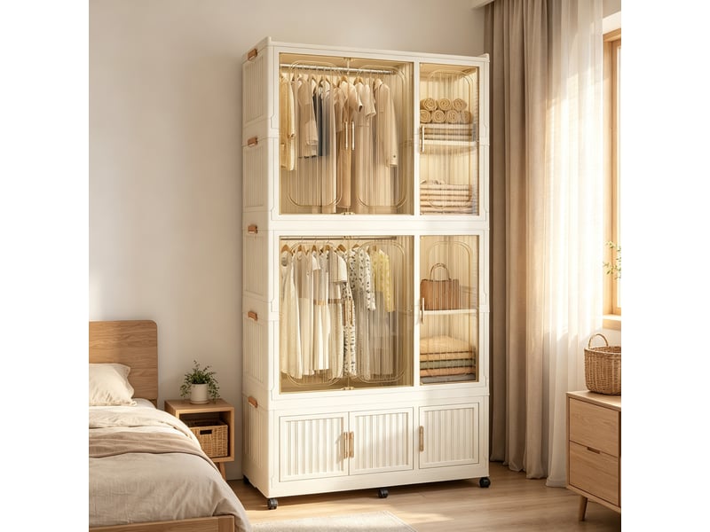  Armoire de chambre - 92 x 45 x 196 cm - beige - dressing modulaire pliable avec 9 portes magnétiques et roulettes  - Conforama C