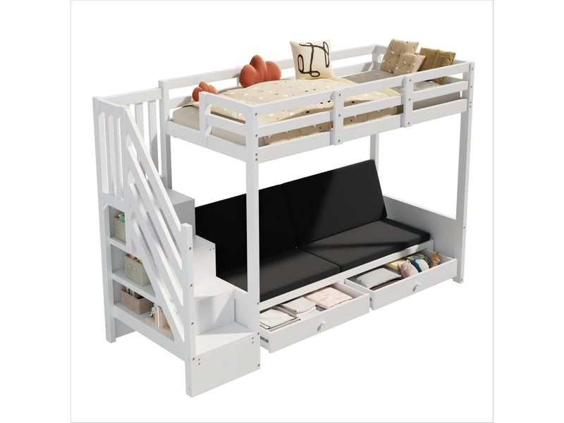  Lit superposé enfant, lit double, lit enfant multifonctionnel, avec escalier et 2 tiroirs, sans matelas, le niveau inférieur peut servir de lit ou de canapé et comprend des coussins, blanc, 90*200  - Conforama E