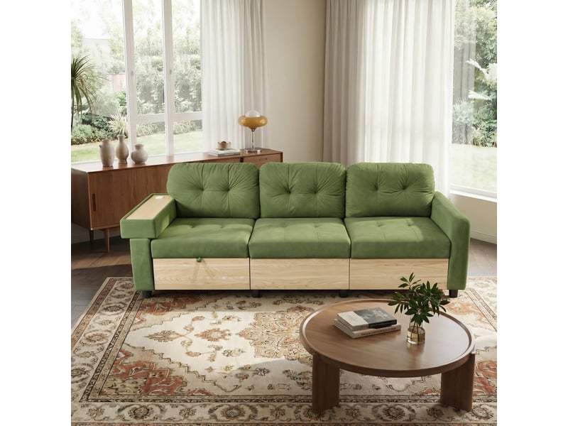  Canapé d'angle 3 places, méridienne, port usb, rangement, accoudoir plateau bois, velours vert, sans montage DA001-SOFA-GREEN-R - Conforama D