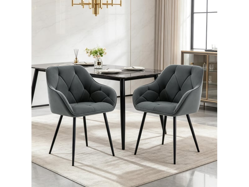  Chaise de salle à manger lot de 2 avec accoudoirs et dossier ergonomique, en velours et métal gris foncé  - Conforama B