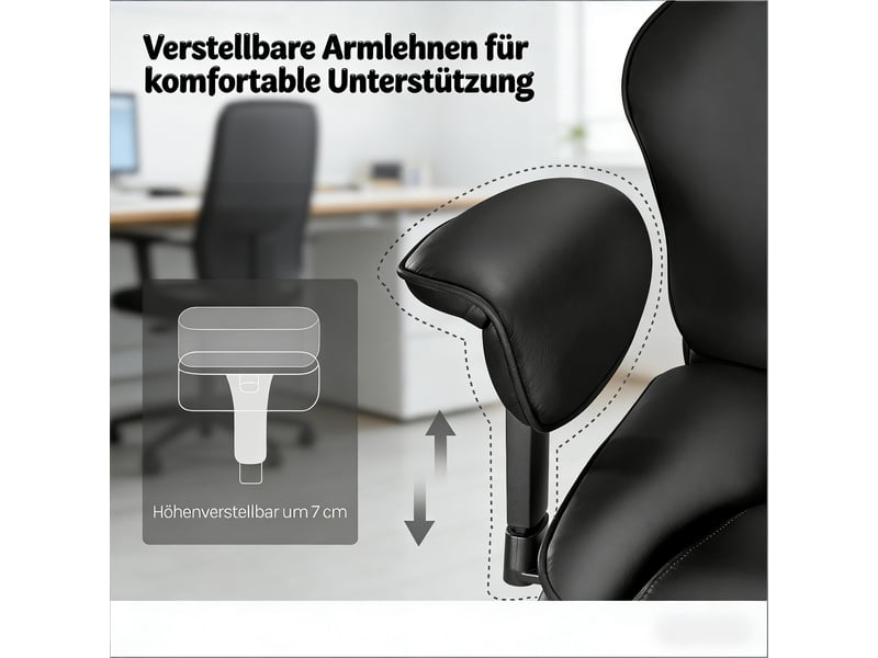 Chaise de bureau ergonomique pivotante avec accoudoirs réglables - lpospi - dossier inclinable, repose-pieds, pu noir - Conforama E