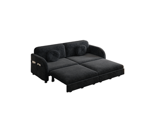 Canapé droit convertible 2 places 3-en-1 en velours côtelé noir avec poches latérales, idéal pour petits espaces