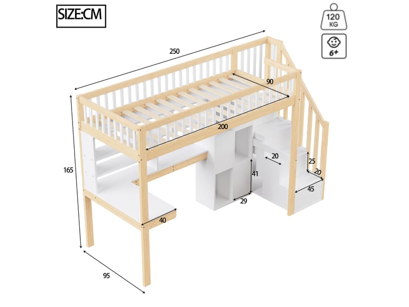  Lit mezzanine enfant 90x200 cm avec bureau, rangements led blanc et naturel  - Conforama C