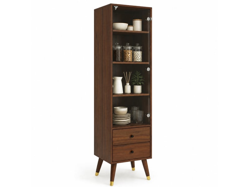  Vitrine haute 39,8 x 35 x 160 cm noyer foncé mdf, porte vitrée, 2 tiroirs et étagères réglables  - Conforama A