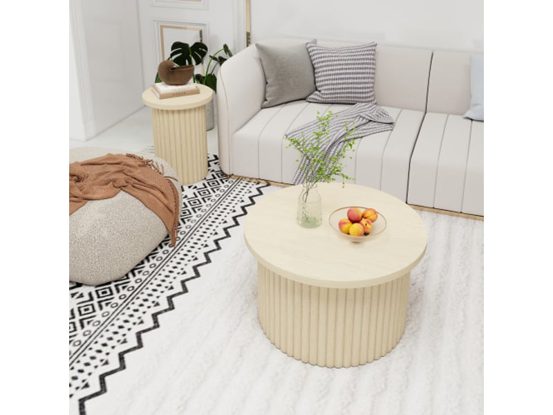  Set de 2 tables basses rondes en bois naturel, structure ondulée, table d'appoint intégrée – salon, chambre et bureau  - Conforama C