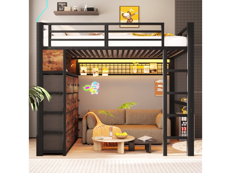 Lit mezzanine en métal led 140x200 cm, lit double avec 8 tiroirs, lit enfantado, étagères, panneau perforé, grand rangement sous lit, noir Seren Glow - Conforama D