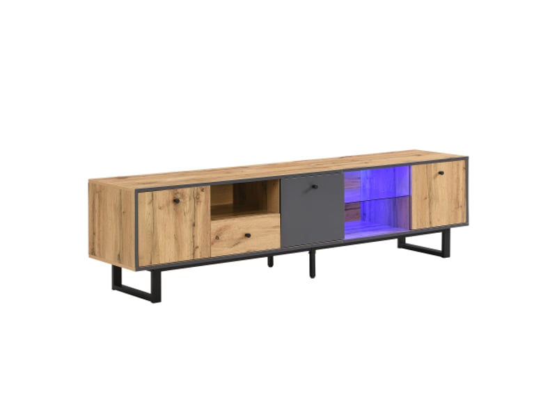  Meuble tele haut led design | lowboard avec éclairage led, séparation verre et charnières amorties 190 x 40 x 50 cm  - Conforama A