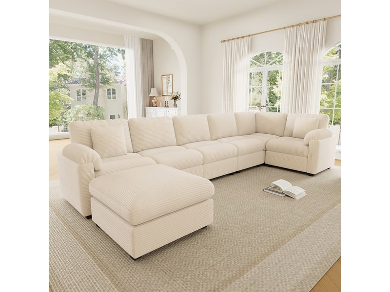  Canapé d'angle modulable xxl en velours beige 7 places avec coussins et pouf séparé pour salon  - Conforama D