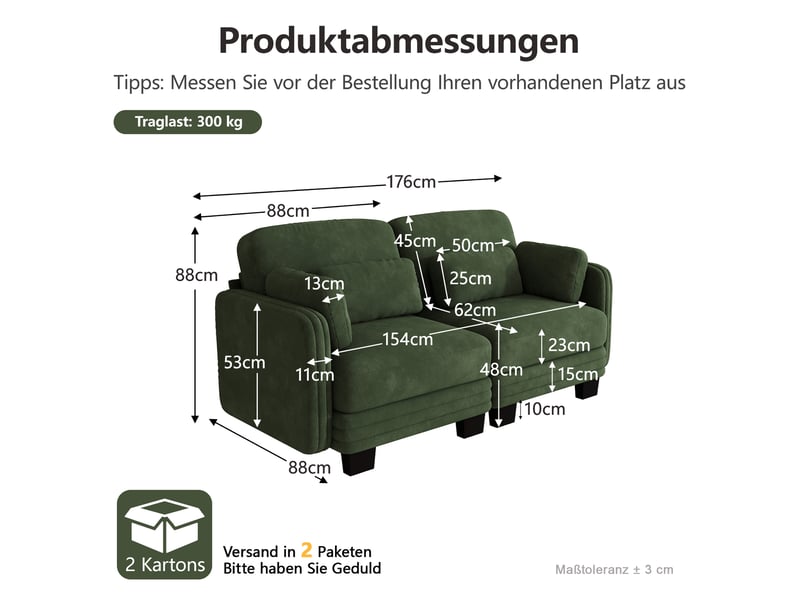  Canapé modulable 2 places 176x88x88 cm, accoudoirs et coussins de soutien, cadre en bois, chenille, vert  - Conforama C