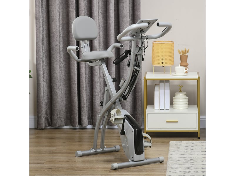 Vélo appartement pliable, home trainer adultes, 8 résistances magnétiques, pouls main, lcd multifonction, selle réglable, acier, grisargenté.  - Conforama C