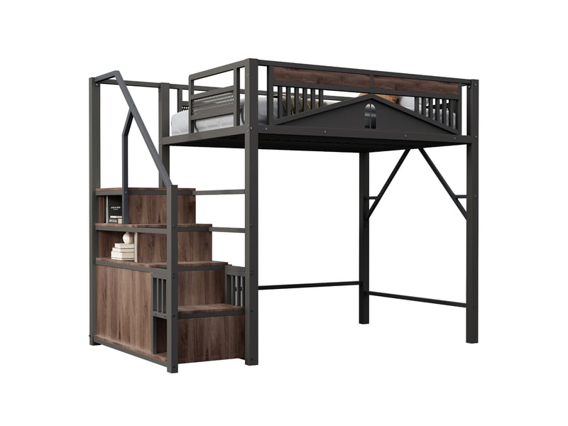 Lit mezzanine 140x200 cm avec barrière, escalier et placard, noir et brun, sans matelas - Conforama A