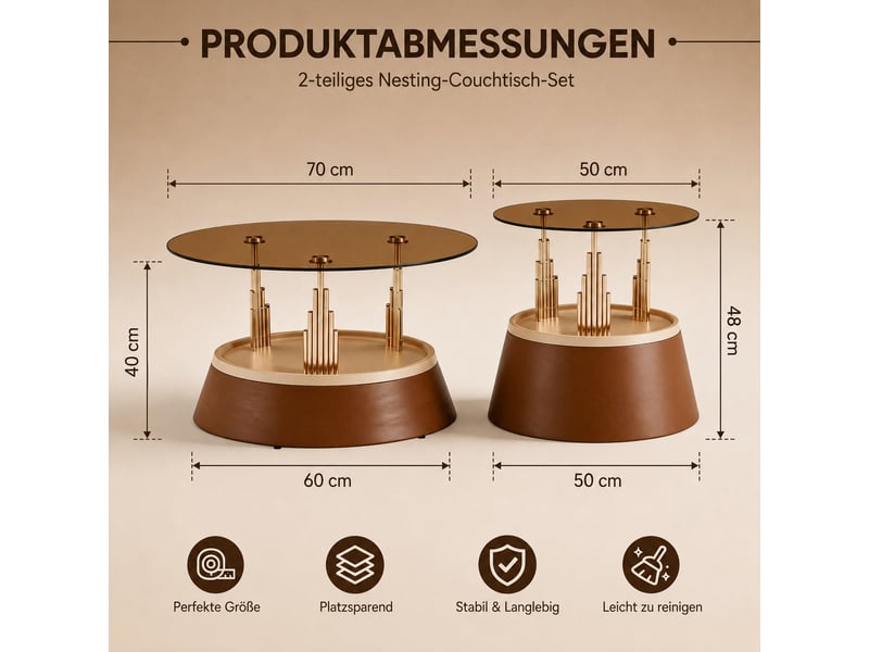  Tables basses gigognes avec plateaux ronds en verre trempé, structure en métal, style moderne, marron  - Conforama D
